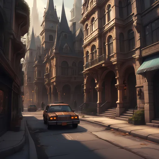 Prompt: (misc-macabre style) city street scene, (warm color scheme), parked car on the side, (building with spire), inspired by Chris LaBrooy, intricate details, fantasy art elements, League of Legends concept art, (ultra-detailed matte painting), eerie ambiance, twilight atmosphere, shadows playing off buildings, rich textures, dramatic lighting, cinematic depth, inviting yet unsettling mood.