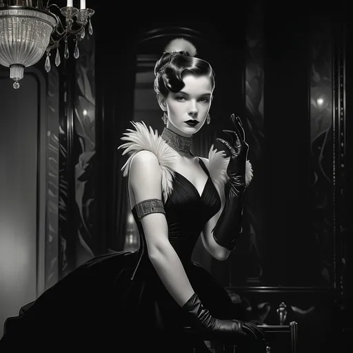 Prompt: A woman adorned in a black dress and gloves stands at the center, surrounded by the opulence of a luxurious room. Chandeliers and wall lamps illuminate the space, reflecting the art deco style. Her elegant posture embodies freedom of expression, while dramatic lighting casts rich shadows around her, highlighting intricate details and patterns reminiscent of J.C. Leyendecker's work. The scene is framed like a comic book panel, with vibrant color contrasts and a highly detailed 8K ultra-resolution that contributes to a cinematic ambiance, alluding to Hubert de Givenchy's influence.