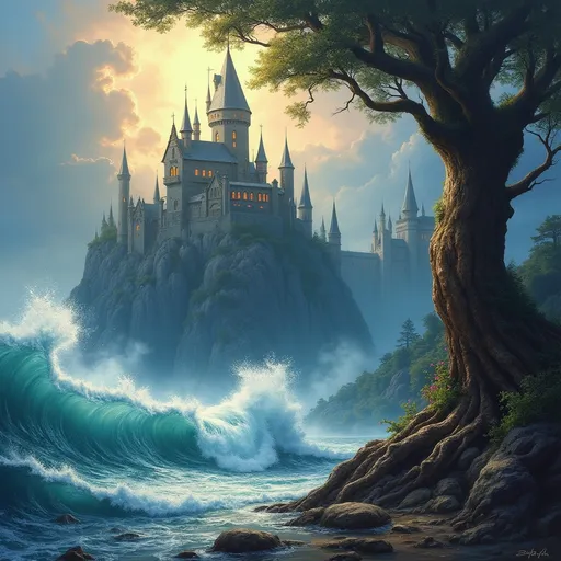 Prompt: (cinematic masterpiece) painting of a majestic castle, surrounded by a colossal wave crashing against its walls, an enormous tree trunk standing prominently in the foreground, (Anato Finnstark style) fantasy art, richly detailed with vibrant colors, dynamic lighting, dramatic atmosphere, intricate textures, (high quality) ultra-detailed, captivating and immersive scene that evokes a sense of wonder and adventure.