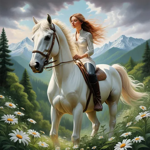 Prompt: Realism style artwork, a woman riding a majestic white horse through a lush green forest, vibrant with blooming flowers and daisies, a stunning mountain range rises in the background, warm, inviting color scheme, inspired by Anne Stokes, intricate details, soft light filtering through the leaves, fine art painting, ultra-detailed, cinematic masterpiece.