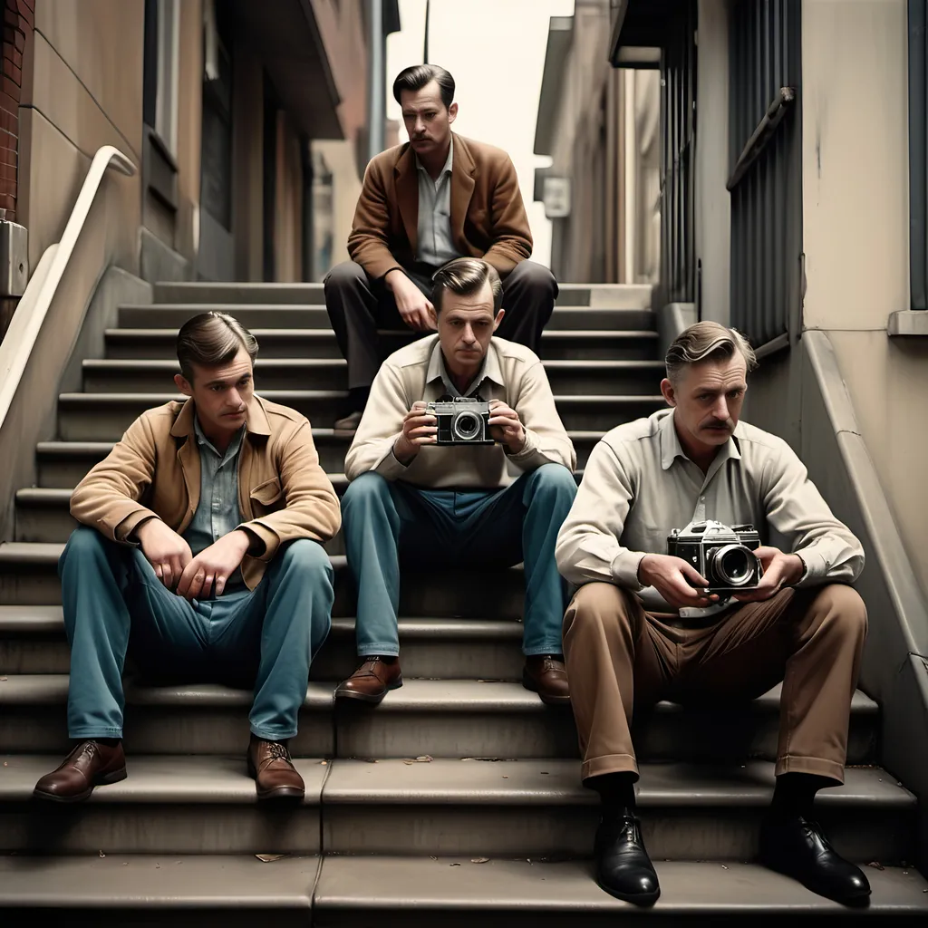Prompt: warm wash of tones, three men sitting casually on steps, one man holding a vintage camera, reminiscent of the 1960s, embodying the precisionism art style, moody ambiance, detailed facial expressions reflecting nostalgia, urban setting in the background, ultra-detailed cinematic composition, storytelling elements capturing a moment in time, evoking feelings of timelessness and connection.