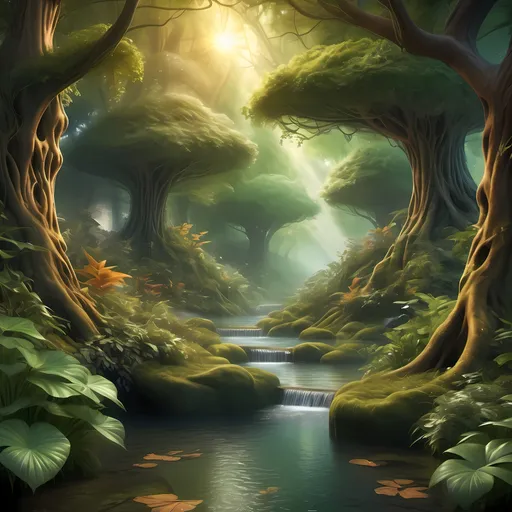 Prompt: (fantasy style forest) with (warm color scheme), a serene stream flowing through lush greenery, (bright light filtering through the trees), magical atmosphere captured in a detailed matte painting, inspired by Anne Stokes, enchanting details and intricate textures, whimsical creatures hiding among the foliage, ethereal glow illuminating the surroundings, (ultra-detailed) and (vibrant) design, (high quality) artwork.