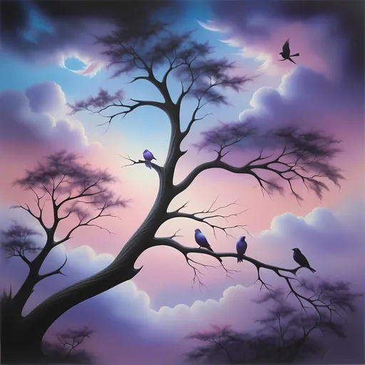 Prompt: (metaphysical painting) of birds perched on a tree branch, surrounded by ethereal clouds, (colorful sky) illuminated in shades of pastel pink, blue, and lavender, (dreamy atmosphere) radiating serenity and tranquility, soft airbrush technique for a smooth finish, intricate details in feather textures, (lush tree branches) gracefully intertwined, enchanting ambiance, (highly detailed) and (vibrant colors).