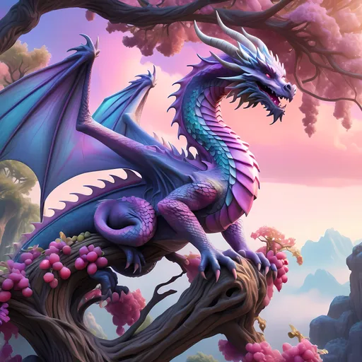 Prompt: (fantasy art) a majestic dragon perched on a gnarled tree branch, vibrant berries cascading from its tail, (wings spread wide) displaying intricate scales, ethereal sky in the background filled with pastel hues of pink and purple, enchanting ambiance reminiscent of a storybook illustration, dreamy fantasy overall atmosphere, 4K resolution, ultra-detailed textures and colors, inviting and whimsical feel.