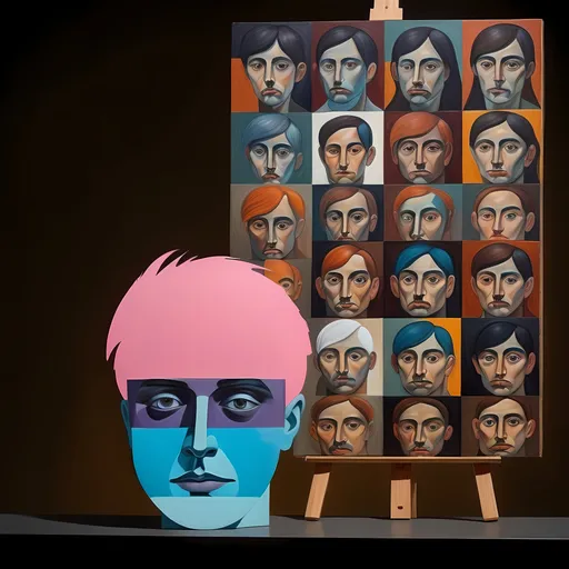 Prompt: (surrealism style painting), expressive (warm color scheme), a man's face with multiple faces intertwined, detailed and defined facial features, easel in the background, influenced by Christian W. Staudinger, combined elements of figurativism, vibrant pop art influences, imaginative composition, surreal ambiance, (ultra-detailed), captivates the viewer's attention.