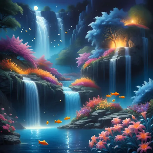 Prompt: (detailed matte painting) of a vibrant (moonlit waterfall), surrounded by an abundance of colorful (flowers) and lively (fish) swimming in the crystalline water. The scene is enriched with ethereal lighting and a magical atmosphere, capturing the essence of (fantasy art) inspired by David A Hardy's style. The background features a serene, moonlit sky blending soft blues and silvery hues, adding depth and enchantment to the composition.