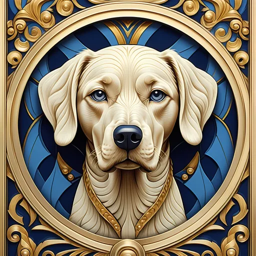 Prompt: Dog's face, decorative window design, blue background, gold border, Charles Ginner influence, art deco style, ornate patterns, sophisticated details, vintage elegance, vibrant color contrast, impressive texture, captivating expression, rich shades, ultra-detailed digital painting, striking composition, modern twist on classic charm, enchanting ambiance, 4K quality.