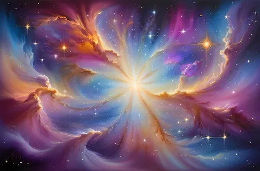 Prompt: (vibrant galaxy with stars and clouds), (large radiant star at the center), airbrush painting, colorful nebula, dreamy atmosphere, enchanting fantasy, luminous celestial bodies, soft wisps of cloud intertwining with shimmering stars, cosmic depth, vastness of space, intricate details, ethereal lighting, stunning art piece, masterpiece interpretation of space elegance.