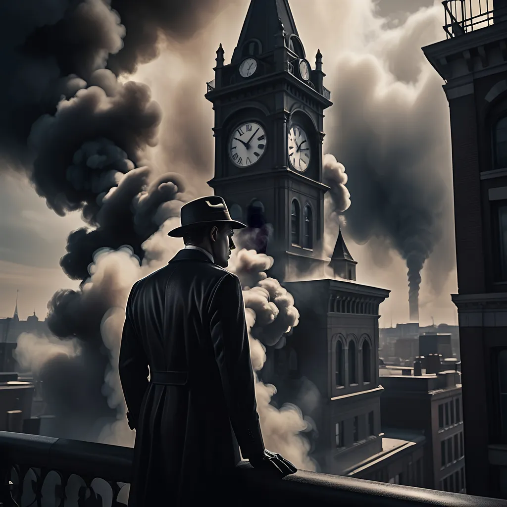Prompt: Photo-realistic, film noir style, a brooding man in a slick costume, standing defiantly in front of a mysterious tower emitting swirling smoke, urban rooftop scenery, imposing clock tower looming in the background, atmospheric lighting, deep shadows, dark color scheme, cinematic vibes, realism and depth, Alton Tobey inspiration, ultra-detailed, high-quality, Unreal Engine 5 rendering, concept art.