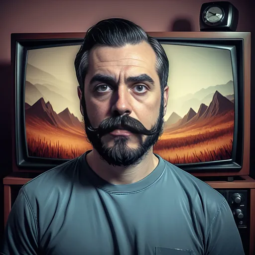Prompt: a man with a beard and a mustache is shown in a digital painting style image with a tv in the background, Bedwyr Williams, digital art, unsettling, a digital rendering
