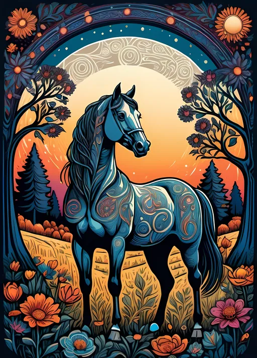 Prompt: (woodcut) illustration of a horse standing majestically in a vivid field, surrounded by diverse trees and colorful flowers, (full moon) illuminating the night sky with a soft glow, dynamic and enchanting folk art style by Dan Mumford, intricate details and patterns that give a textured depth, evoking a mystical tarot card ambiance, beautifully crafted and visually captivating, high-quality 4K resolution.