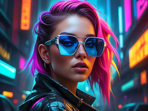 Prompt: (woman with bright makeup, sunglasses on her face), (watch on her ear), cyberpunk art, Artgerm style, photorealistic, highly detailed digital painting, vibrant neon colors, futuristic urban setting, dramatic lighting, intricate textures, captivating expression, dynamic pose, high-definition imagery, cinematic composition, dreamlike atmosphere, modern aesthetic.