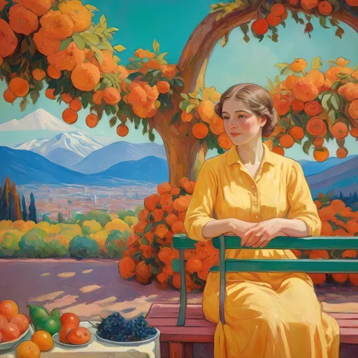 Prompt: (Artistic masterpiece) painting of a woman sitting on a bench, surrounded by vibrant flowers and colorful fruits in the background, majestic mountains looming in the distance, (Cuno Amiet inspired), colors are joyful and rich, emphasizing the beauty of nature, (synthetism style), studio portrait setting, ultra-detailed, captivating ambiance full of charm and serenity.