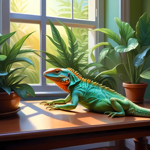 Prompt: (colorful lizard), sitting on a table, in front of a (sunlit window), lush green plant behind it, vibrant colors, intricate scales, (highly detailed), photorealistic style, (digital painting), depth and texture, soft natural light streaming through the window, creating an inviting ambiance, (ultra-detailed).