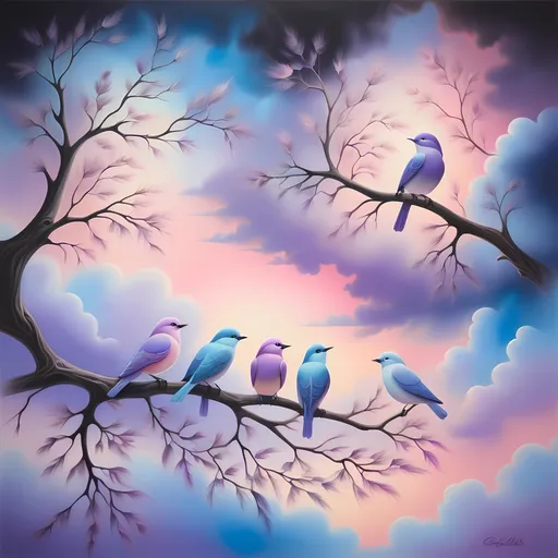 Prompt: (metaphysical painting) of birds perched on a tree branch, surrounded by ethereal clouds, (colorful sky) illuminated in shades of pastel pink, blue, and lavender, (dreamy atmosphere) radiating serenity and tranquility, soft airbrush technique for a smooth finish, intricate details in feather textures, (lush tree branches) gracefully intertwined, enchanting ambiance, (highly detailed) and (vibrant colors).