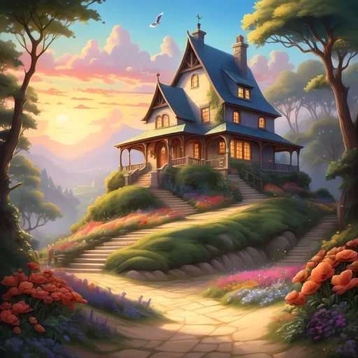 Prompt: (2D) storybook illustration, (vintage style), (vibrant color scheme), a charming house perched on a lush hill, surrounded by colorful flowers and thriving trees, a whimsical bird soaring gracefully above, reminiscent of Anne Stokes and Thomas Kinkade’s artistry, enchanting landscape, dreamlike ambiance, captivating details, ultra-detailed, high quality.