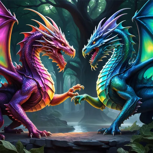 Prompt: **AI Art Prompt: Fantastical Surreal Dragon Fight**

Imagine a vibrant, dreamlike landscape where two colossal dragons face off in an epic battle. One dragon is adorned with iridescent scales that shimmer like a thousand colors, its wings resembling stained glass windows catching the light. The other dragon, more ethereal in nature, has a translucent body that shifts and pulses with swirling galaxies, its eyes glowing like distant stars.

The background features a surreal sky painted in hues of deep purple and electric blue, with floating islands draped in luminescent plants. The ground is a patchwork of unusual terrain—crystal formations jutting out, rivers of liquid light, and trees with twisted trunks that spiral toward the sky.

Capture the moment of their fierce clash, with flames and cosmic energy colliding mid-air, creating an explosion of brilliant colors and patterns. Surround them with whimsical elements like flying fish, clockwork butterflies, and swirling clouds that take on fantastical shapes, enhancing the surreal atmosphere of this dramatic encounter.