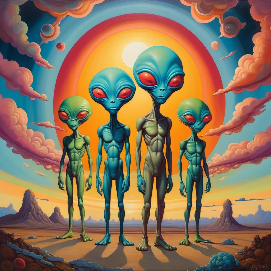 Prompt: a painting of three alien men standing in front of a colorful sky with clouds and a sun in the background, Aaron Jasinski, pop surrealism, biopunk, a fine art painting