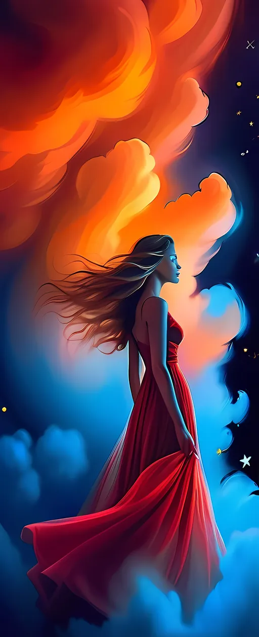 Prompt: (realism style), (woman in a red dress), standing amidst cotton-like clouds, hair flowing gently in the wind, twinkling stars scattered across a deep night sky, warm color palette with mystical hues, Dirk Crabeth inspiration, soft glowing light, dreamlike atmosphere, ethereal and enchanting vibe, art photography with an airbrush painting effect, ultra-detailed, high-quality imagery.