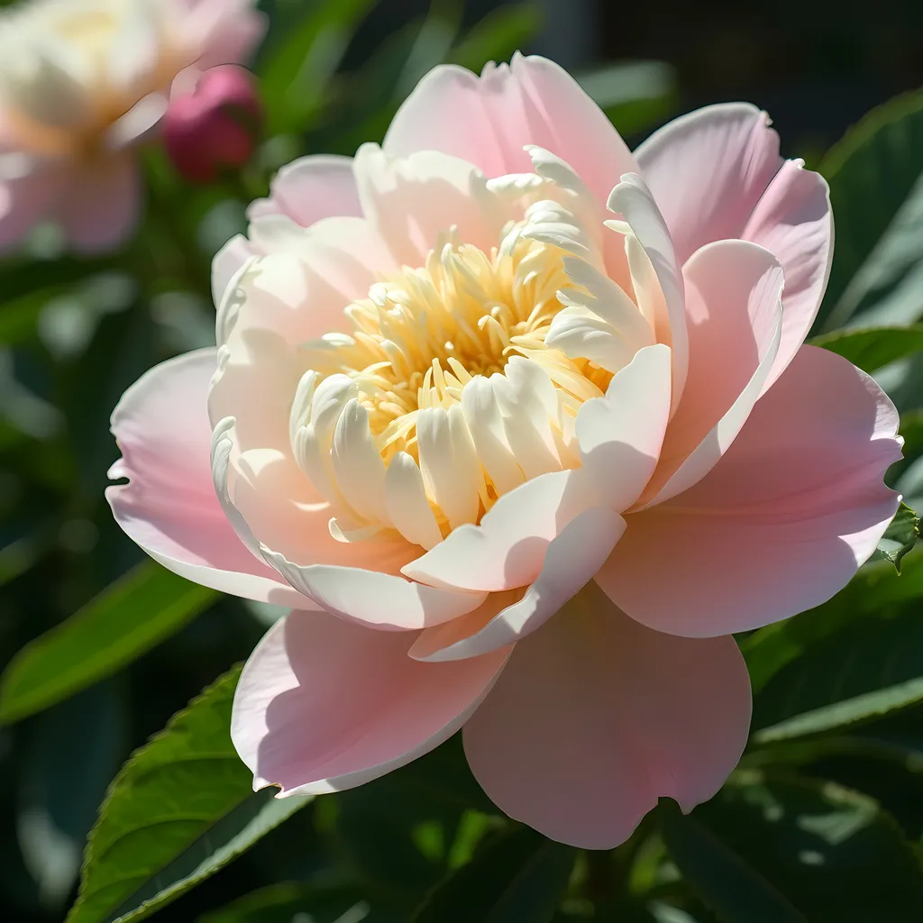 Prompt: A stunning peony bursts forth in a display of pastel hues, its outer petals a soft, delicate pink that gradually gives way to a rich, creamy center. The fluffy, ivory-yellow heart contrasts beautifully with the surrounding petals, evoking a sense of warmth and tenderness. Nestled among lush green foliage, this floral composition radiates tranquility, enhanced by the gentle play of sunlight that softly highlights the contours of each petal. In the background, hints of other peonies in varying shades further enrich the scene, enveloping the viewer in a serene, garden-like atmosphere. The overall effect captures a moment of natural beauty, inviting a sense of calm and appreciation for the delicate intricacies of nature.
