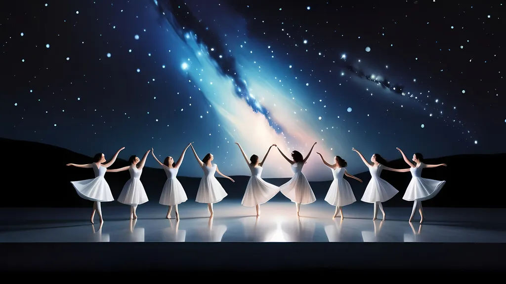 Prompt: a group of dancers in white dresses are dancing in front of a star filled sky with stars and a galaxy, Alice Prin, arabesque, cinematic photography, a photorealistic painting