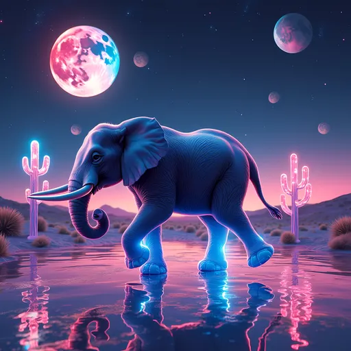 Prompt: A surreal desert illuminated by a vibrant, psychedelic glow, featuring a starry sky with two glowing moons casting shimmering light. A human-elephant hybrid strides gracefully on delicate glass stilts, their expression calm yet enigmatic. Surrounding them are floating crystal cacti, softly humming with an ethereal sound, their facets refracting neon blues and pinks. The ground is mirror-like, reflecting the celestial display and adding to the dreamlike atmosphere. The scene is rendered in vivid, neon-infused colors with dynamic, swirling patterns reminiscent of a trippy, psychedelic art style, blending surrealism with an otherworldly, mesmerizing mood.