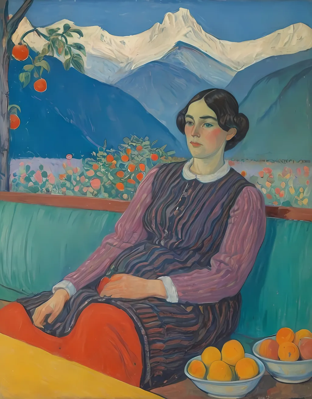 Prompt: a painting of a woman sitting on a bench with fruit and flowers in the background and a mountain in the background, Cuno Amiet, synthetism, studio portrait, a painting