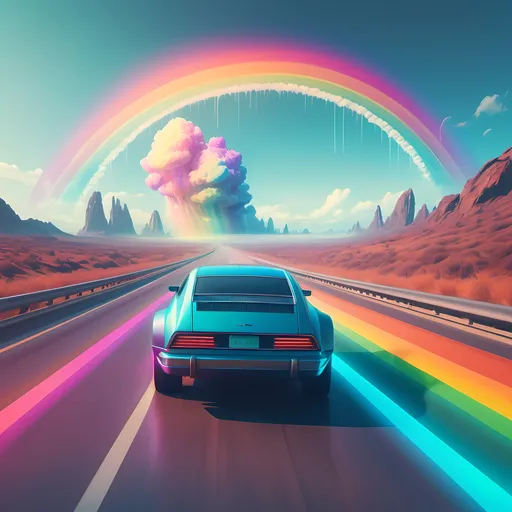 Prompt: a car driving down a highway with a rainbow-colored object above it's head and a rainbow-colored object above it, Beeple, panfuturism, futuristic, concept art