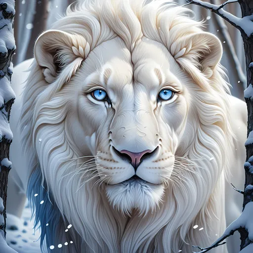 Prompt: (majestic white lion with blue eyes), walking through a snowy forest, snow-covered trees and branches, intricate snowflakes, (digital painting), inspired by Daniel Lieske, vibrant colors, cool tones, serene atmosphere, ethereal glow, (highly detailed), winter wonderland, magical ambiance, immersive landscape.