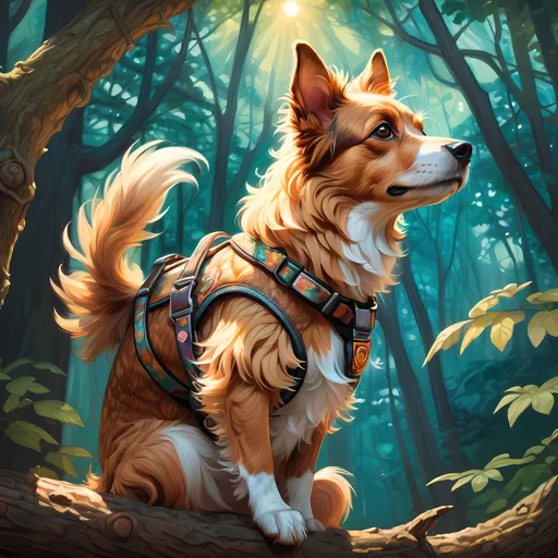 Prompt: A charming dog with a snug harness, perched elegantly on a gnarled tree branch in a lush forest setting, sunlight filters through the canopy, casting dappled light across the fur. Captured in the style of Clint Cearley, this furry art character portrait showcases incredible detail, vibrant colors, and a warm, inviting atmosphere, inviting viewers into a serene and enchanting woodland scene. Ultra-detailed, 4K resolution.