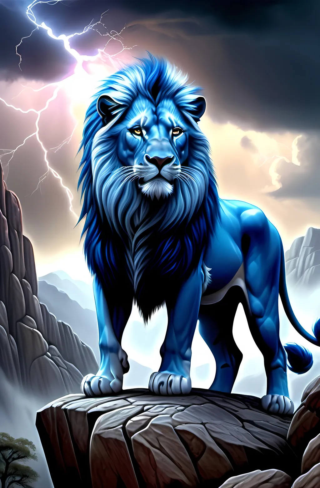 Prompt: (blue lion), majestic stance on a rugged rock, cloudy sky filled with dramatic lightning, imposing mountain backdrop, (Anne Stokes style), enchanting atmosphere, captivating fantasy art, highly detailed digital painting, intricate airbrush techniques, vivid colors and textures, dynamic lighting that highlights lion's features, nature's raw power, compelling composition.