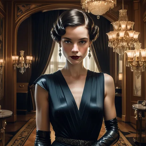 Prompt: A woman adorned in a black dress and gloves stands at the center, surrounded by the opulence of a luxurious room. Chandeliers and wall lamps illuminate the space, reflecting the art deco style. Her elegant posture embodies freedom of expression, while dramatic lighting casts rich shadows around her, highlighting intricate details and patterns reminiscent of J.C. Leyendecker's work. The scene is framed like a comic book panel, with vibrant color contrasts and a highly detailed 8K ultra-resolution that contributes to a cinematic ambiance, alluding to Hubert de Givenchy's influence.