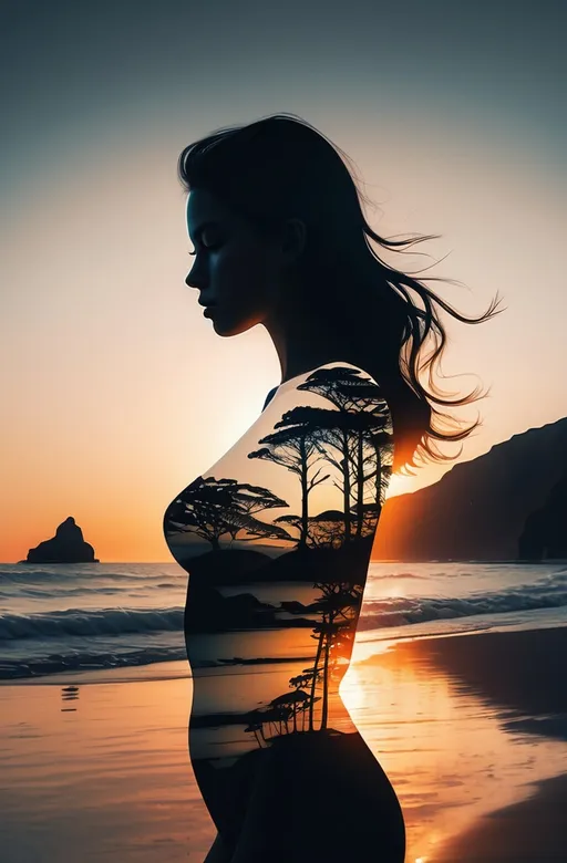 Prompt: (woman standing on a beach at sunset), (surreal photography), (trees reflected in her body), vibrant sunset, dreamy atmosphere, neo-romanticism, (Alena Aenami style), warm golden tones blending with cool blues, ultra-detailed depiction, ethereal lighting, soft waves lapping at the shore, surrealist painting qualities capturing an otherworldly essence, high quality 4K clarity.