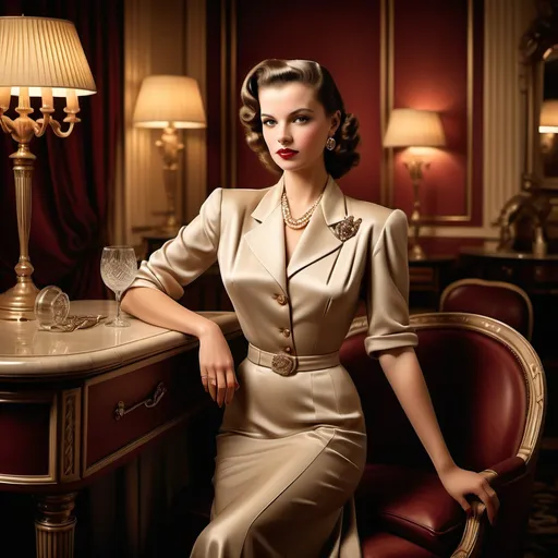 Prompt: (neoclassical style club), woman dressed in (high fashion) from the 1940s, elegant poses and expressions, intricate details of clothing and accessories, luxurious interior furnishings, rich color tones with warm lighting, ambient atmosphere evoking nostalgia and glamour, ultra-detailed, high-quality, capturing the sophistication of the era with soft focus on the elegant background.