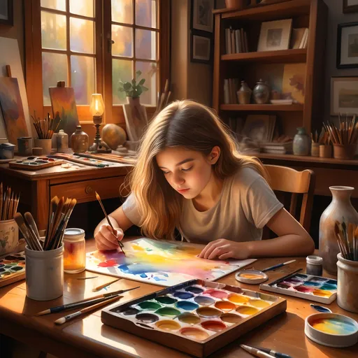 Prompt: photorealistic, a girl immersed in painting in a cozy studio, warm golden light from a lamp illuminating the scene, vivid watercolor palette on a wooden table, surrounded by art supplies, blending inspiration from the arts and crafts movement, rich textures, soft shadows, highly detailed composition, creative ambiance, masterpiece of artistic expression, ultra-detailed.