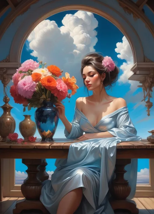 Prompt: (detailed painting) a woman sitting elegantly on a rustic table, vibrant flowers in a vase nearby, a lusciously reflective mirror behind her, expansive blue sky backdrop with fluffy clouds, influenced by (Bastien Lecouffe-Deharme), infused with (fantasy art concepts), art style akin to (Stanley Artgerm Lau), highly detailed, colorful, dreamlike atmosphere, 4K resolution, sweeping soft light.