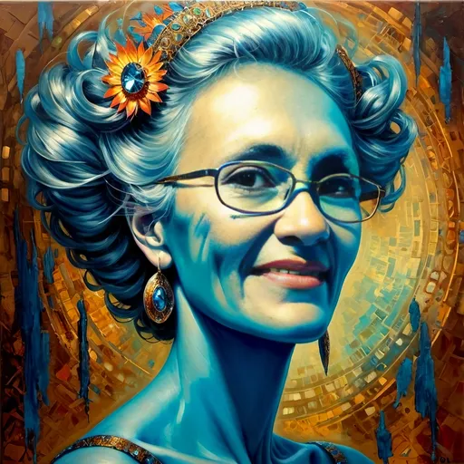 Prompt: Woman in a vibrant blue dress, adorned with a dazzling diamond headpiece and a stunning large hairdo, surrounded by abstract warm hues, invoking an emotional resonance, inspired by Csaba Markus, showcasing extraordinary detail in an oil painting style. This figurative art piece exudes movement and expression, inviting the viewer into a visually immersive experience, elevated by its intricate, colorful composition. Ultra-detailed, mesmerizing, captivating.