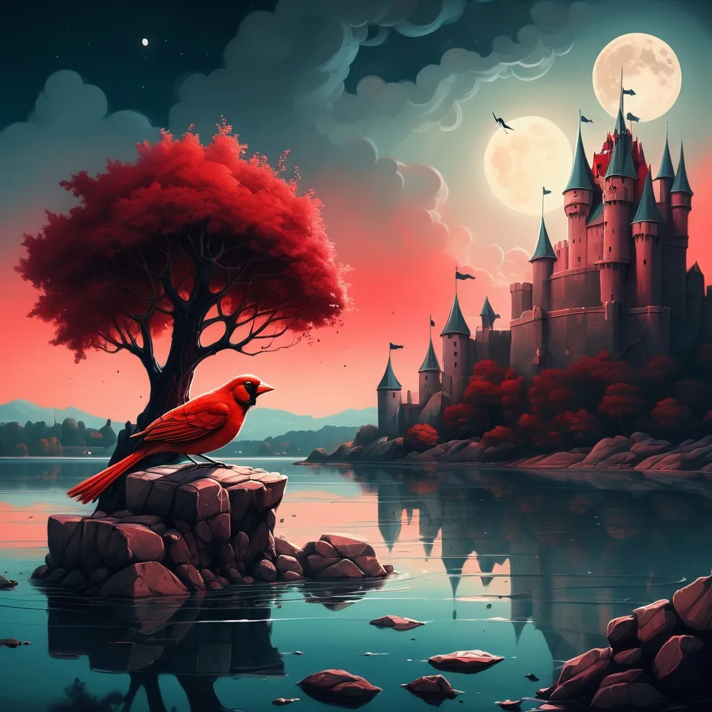 Prompt: a painting of a red bird sitting on a rock in a lake with a castle in the background and a full moon in the sky, Cyril Rolando, pop surrealism, highly detailed digital painting, a storybook illustration