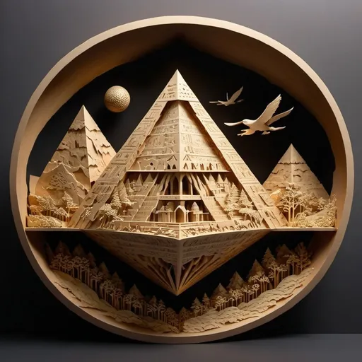 Prompt: A metal tetrahedron with a metallic finish, rendered in 3D, features intricate mountain scenes enveloping its form. Reflective surfaces catch luminous highlights, while rich textures and ambient light cast dramatic shadows. The high level of detail showcases the depth and precision of the design, set against a subtle gradient background. Hieroglyphic characters are embossed over the images, and for scale, it's compared to a football. This piece is ideal for an artistic or conceptual display.