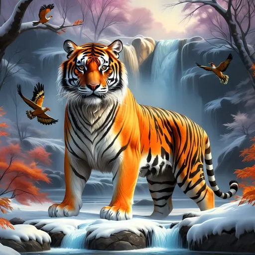 Prompt: (misc-tribal style), (vibrant color scheme), majestic tiger standing on snow-covered rock, sparkling stream of water flowing nearby, lush trees adorned with colorful foliage, birds soaring gracefully in the sky, (fantasy art), highly detailed digital painting, airbrush painting, dreamlike atmosphere, vivid hues creating a dynamic contrast, enhanced textures, captivating scenery, ultra-detailed, 4K quality.