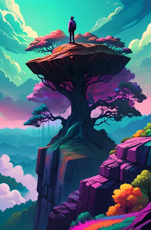 Prompt: A (vibrant) man sitting on top of a cliff, next to a majestic tree, overlooking a lush forest, under a (colorful) sky filled with dynamic clouds, (psychedelic art) style inspired by Android Jones and Liam Brazier, surreal and imaginative elements, (poster art) aesthetic, enchanting and captivating atmosphere, (highly detailed, 4K) resolution, enchanting colors and dreamlike reflections throughout the landscape.