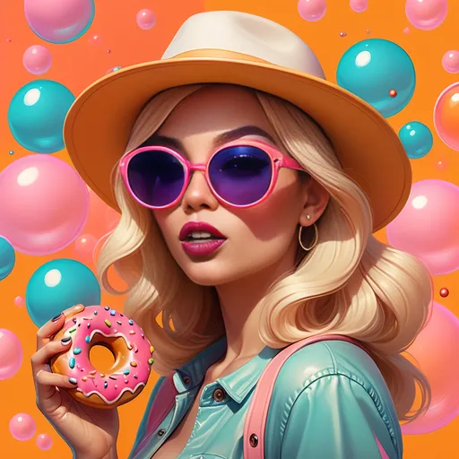 Prompt: Photorealistic image of a woman wearing a stylish hat and chic sunglasses, holding a delicious donut in her hand, surrounded by playful bubbles. Warm color scheme with summery hues creating a cheerful vibe. The background features vibrant, colorful bubbles, infused with elements of pop surrealism and cyberpunk aesthetics. Highly detailed digital painting style, reminiscent of Artgerm's work, showcasing intricate textures and captivating depth.