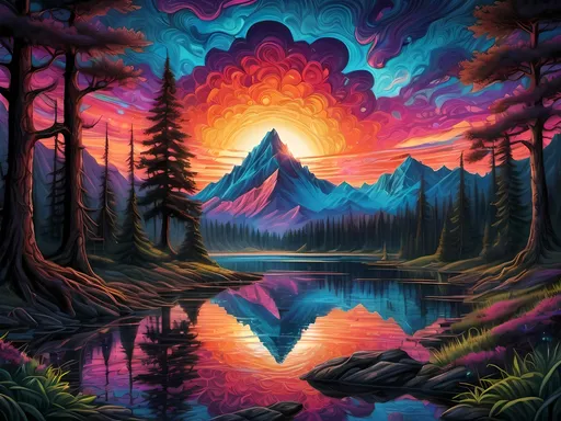 Prompt: (dramatic sunset), mountain landscape, reflective lake, (lush trees) in the foreground, (psychedelic art), by Dan Mumford, highly detailed, (vibrant colors), intricate patterns, airbrush technique, surreal vibe, rich textures, serene atmosphere, visually striking, dreamlike quality, ultra-detailed, captivating, immersive.