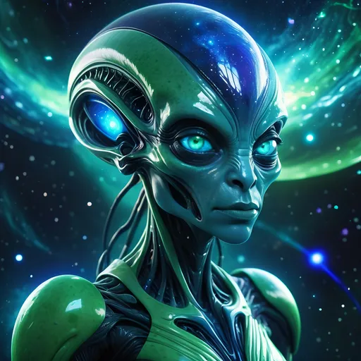 Prompt: Futuristic sci-fi alien character portrait, vibrant color scheme, striking blue eyes, vivid green body, surrounded by a deep, cosmic space filled with twinkling stars, glowing blue and white background, dynamic and immersive atmosphere, high-detail, illustrative art style reminiscent of Eddie Mendoza's space art. 4K resolution, captivatingly otherworldly vibe.