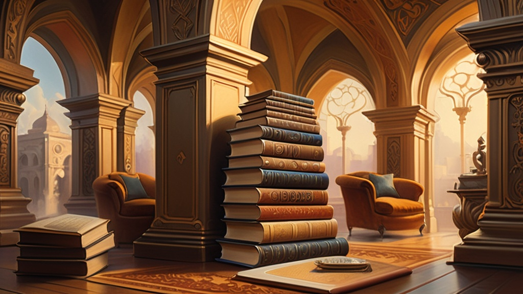 Prompt: Vintage painting of a large, intricately designed book, adorned by an elegant stack of smaller books on top, set in a cozy room with ornate arches. Warm color scheme with rich golden hues, creating an inviting atmosphere. Inspired by the artistic style of Brom, reminiscent of magic the gathering artwork. Photorealistic detailing, capturing the charm of a fantasy art world, ultra-detailed textures and enchanting ambiance.