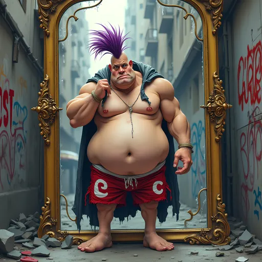 Prompt: Emerging from a broken, ornate mirror, a comically exaggerated figure stands in a gritty urban environment, characterized by derelict buildings and graffiti-covered walls. This figure, cartoonish in style, sports a muscular physique with an oversized belly, dressed only in red shorts emblazoned with a white letter "C," and a tattered cape drapes over one shoulder. With a worried expression, wide eyes, and an unkempt purple mohawk, he appears to be adjusting his hair, seemingly unsure of his appearance. The scene is bathed in a muted color palette, juxtaposing the vibrant hues of the city’s graffiti, creating a blend of whimsical and edgy urban art that hints at themes of identity and self-perception amidst a chaotic backdrop.