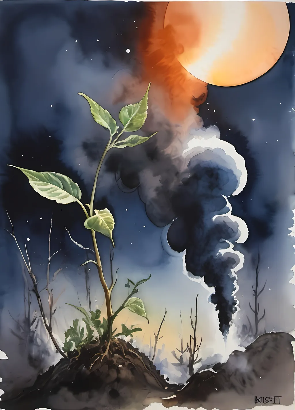 Prompt: a painting of a plant with a lot of smoke coming out of it's top and a moon in the background, Douglas Robertson Bisset, space art, watercolor, a watercolor painting