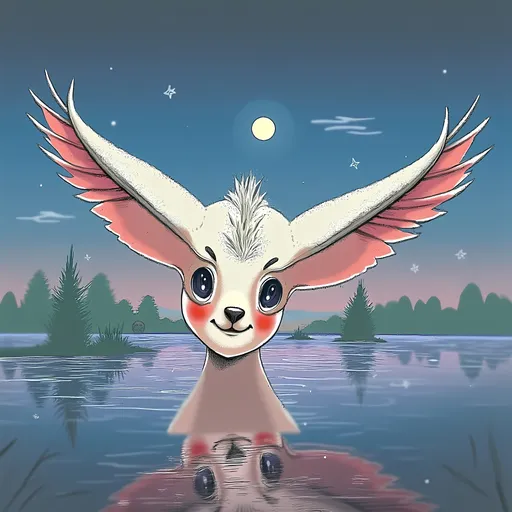 Prompt: A whimsical character with a unique blend of human and animal features gazes thoughtfully into the distance, showcasing a facial design reminiscent of a polar bear with pale, smooth skin, large expressive eyes, and a rosy-red blush on its cheeks and nose. This character's ears are rounded and fuzzy, adding to its playful charm, while it sports a hairstyle that hints at a youthful innocence. The backdrop features a serene lakeside scene set against a twilight sky, where soft blues and purples mingle, and delicate stars twinkle amidst silhouetted trees. The composition harmonizes the character and its dreamy environment, evoking a sense of wonder and tranquility, as if inviting viewers into a storybook world. The vibrant color palette, combined with the gentle lighting, enhances the enchanting quality of this imaginative portrait.