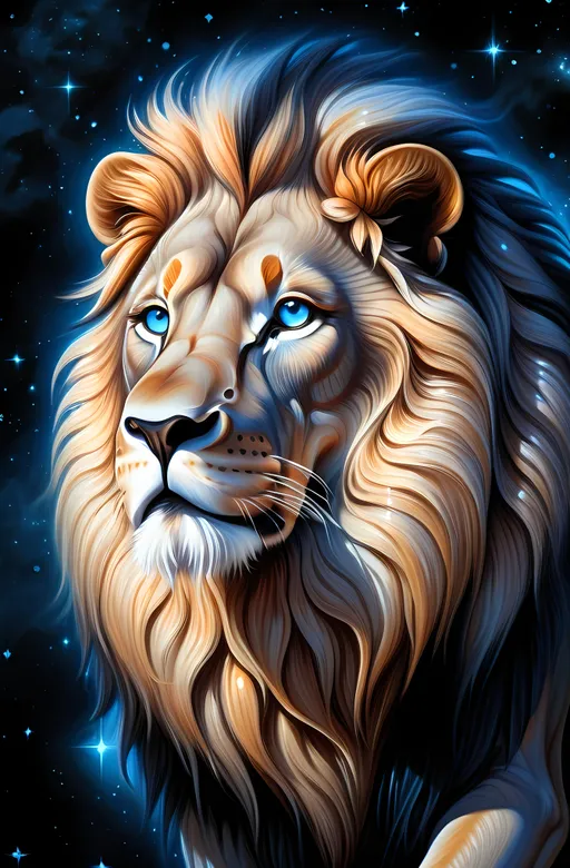 Prompt: (misc-macabre style art), a majestic lion with (blue eyes) set against a (starry background), high detail, (warm color scheme), intricate textures, (highly detailed digital painting), reminiscent of Anne Stokes' aesthetic, ethereal elements, dreamy space art, airbrush painting techniques, captivating and otherworldly ambiance, contrasting light and shadows, vivid depth.