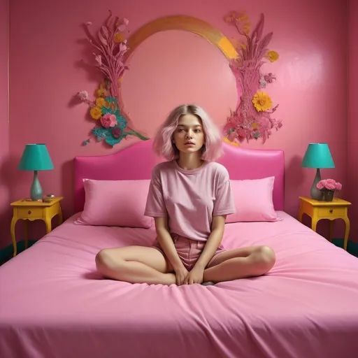 Prompt: (feminist art) woman sitting on a (pink bed), surrounded by a (pink room) with (pink walls), prominent (pink headboard and footboard), vibrant and dynamic atmosphere, artistic style suitable for a (promotional image), modern and eye-catching design, suitable for an (album cover), warm tones, highly detailed, high-quality, visually striking.